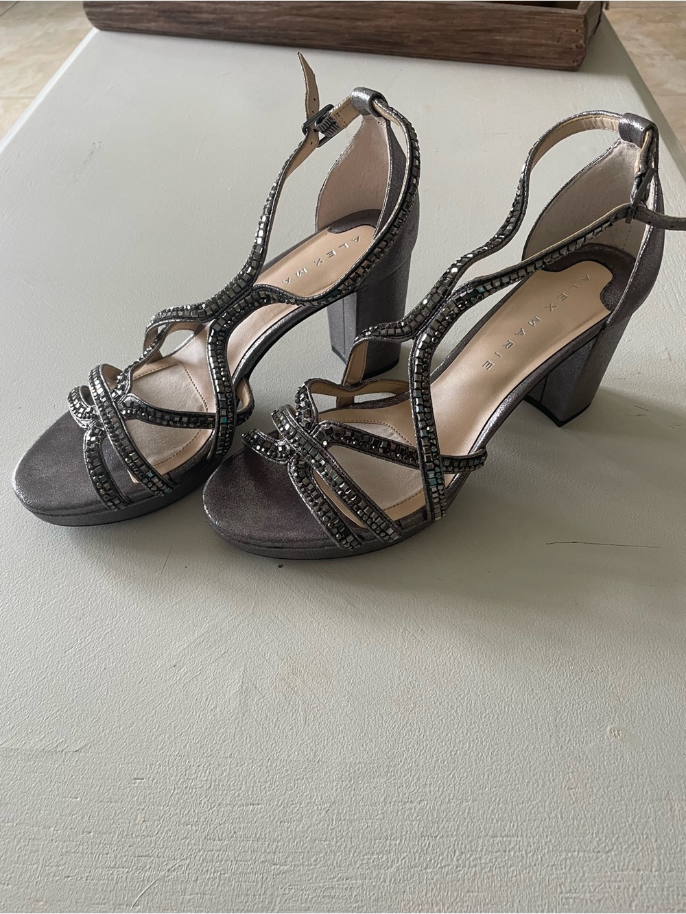 Alex Marie Gunmetal Beaded T-Strap Block Heel Sandals